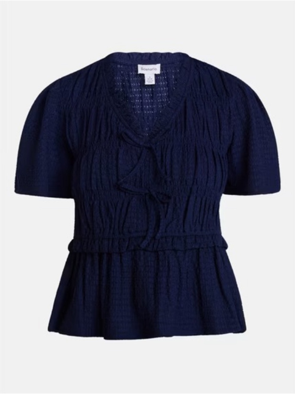 Navy Textured Short-Sleeve Peplum Top